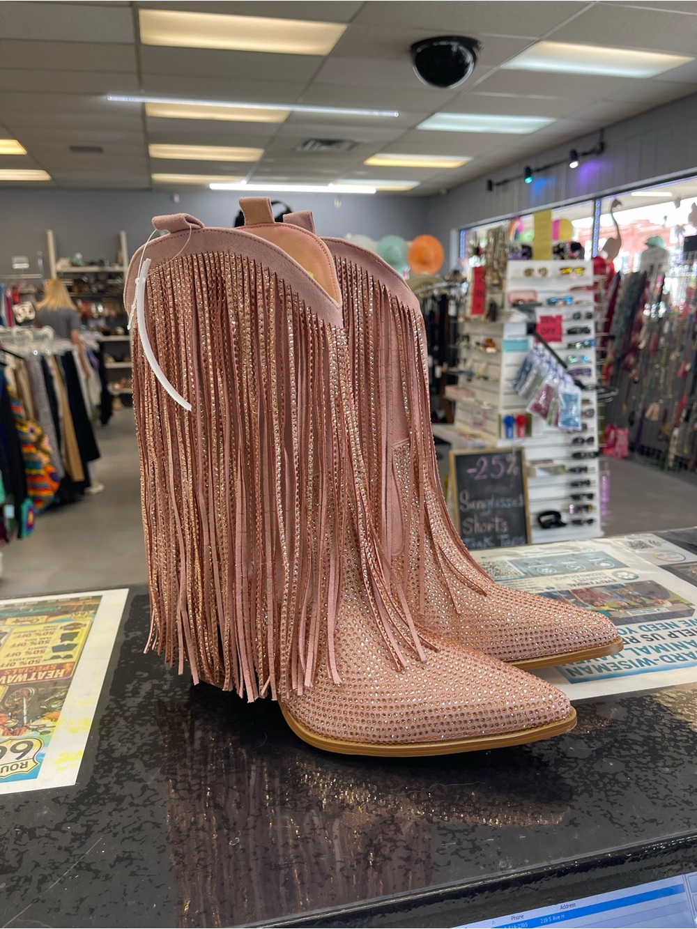 Fringe Rhinestone Pointed-Toe Heeled Ankle Boots - Blush Pink